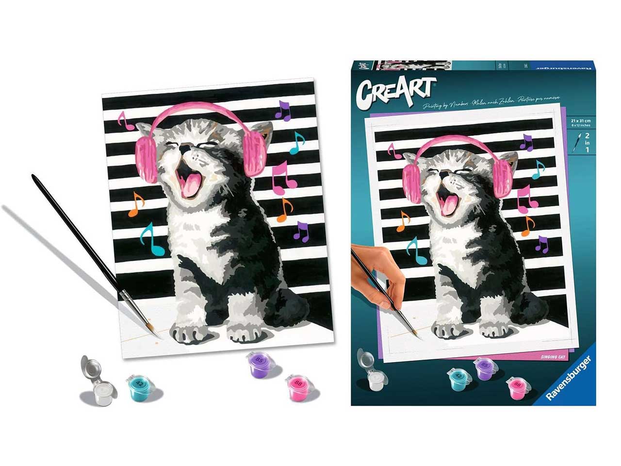 Ravensburger Creart, il gattino cantante, set per dipingere con i numeri, 21x31 cm per ragazzi dai 14+ anni