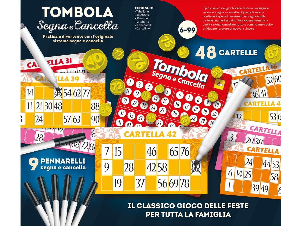 Gioco di SocietÃ  Ludoteca Tombola Segna e Cancella 48 Cartelle - Multicolor, per Bambini e Adulti 6-99 Anni, Lisciani