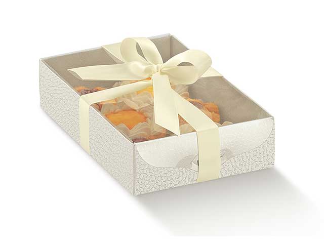 Scatola pelle bianca dolcezze 20x15x3,5cm con coperchio trasparente