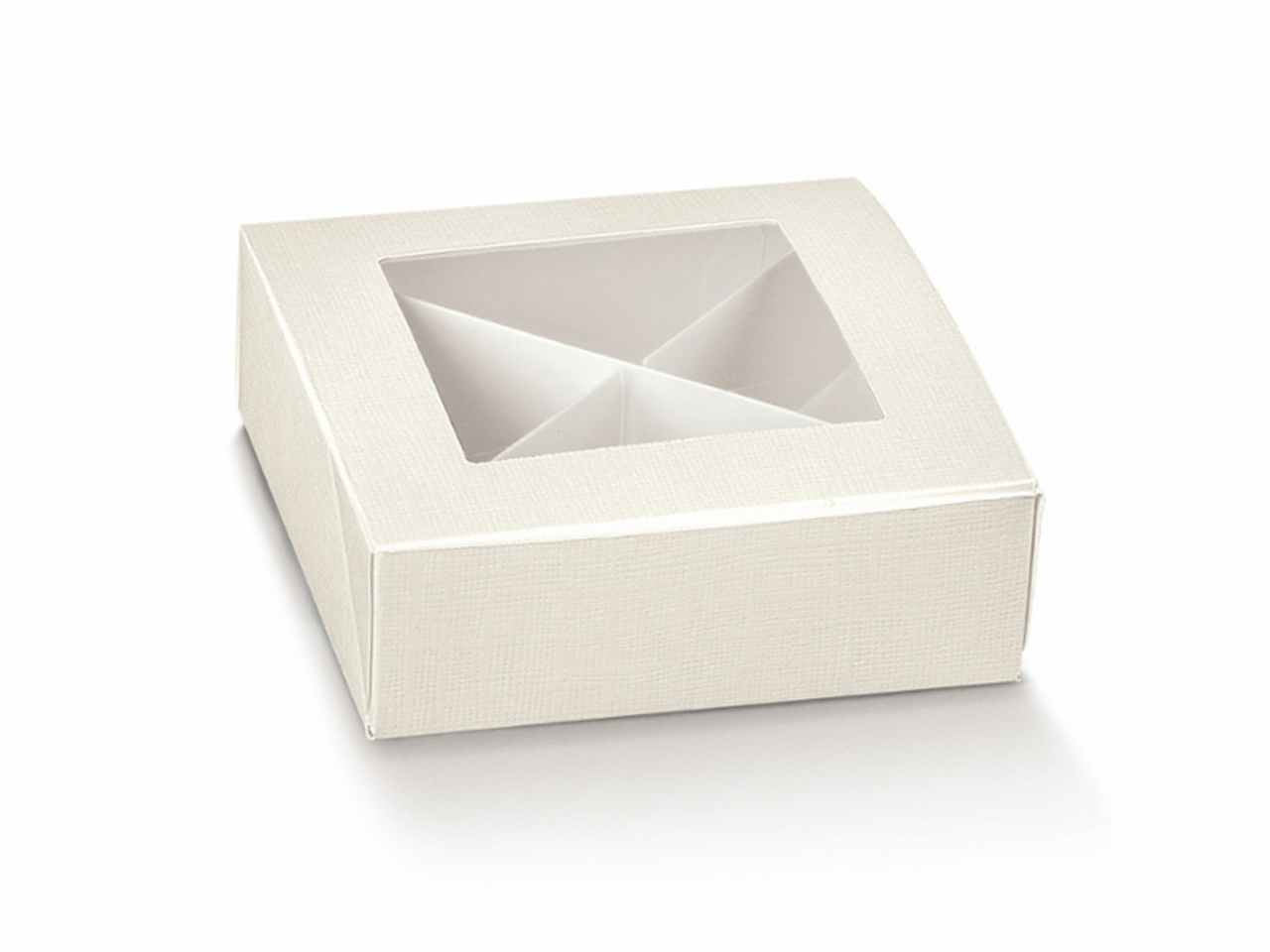 Scatola seta bianca 12x12x4cm con finestra in plastica e divisori