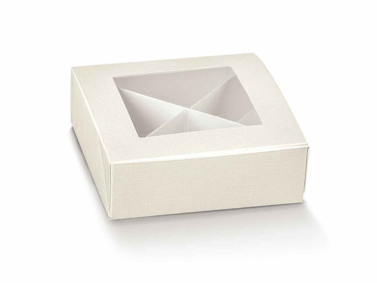 Scatola seta bianca 12x12x4cm con finestra in plastica e divisori