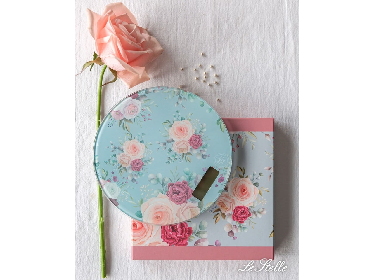 Bilancia digitale in vetro bomboniera romantica con fantasia floreale, batteria inclusa - 19x2cm - Le Stelle