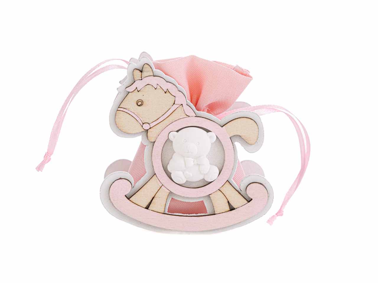 Sacchetto porta confetti in legno con cavalluccio colore rosa 4,5x8,5xh.8,5cm