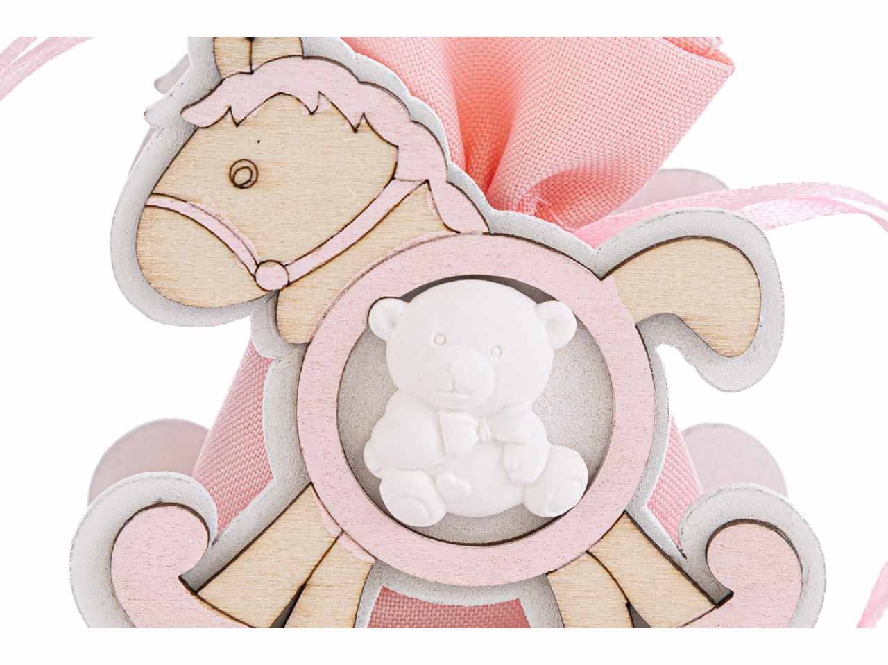 Sacchetto porta confetti in legno con cavalluccio colore rosa 4,5x8,5xh.8,5cm