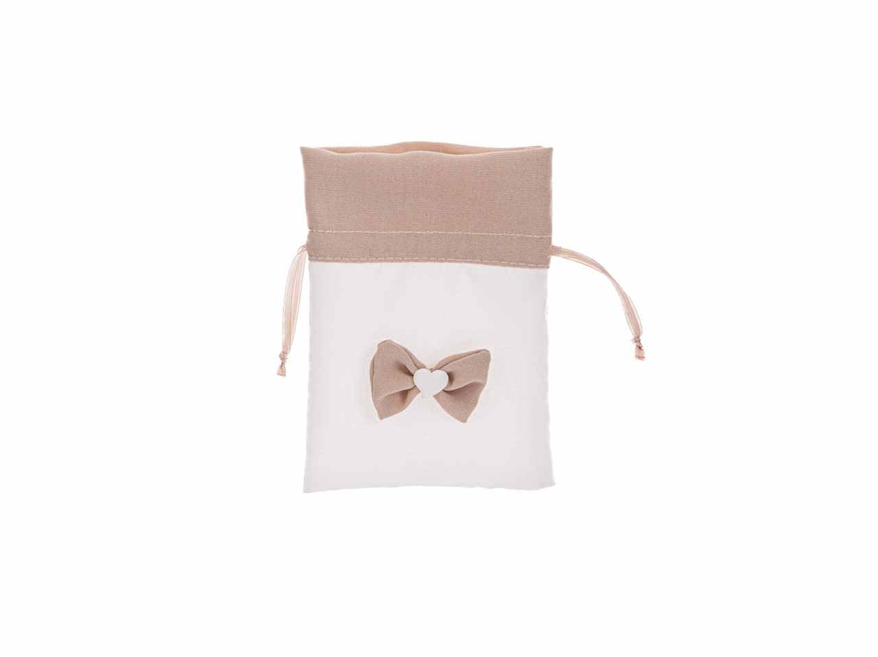 Sacchetto porta confetti in stoffa con fiocco colore beige 10x14 cm
