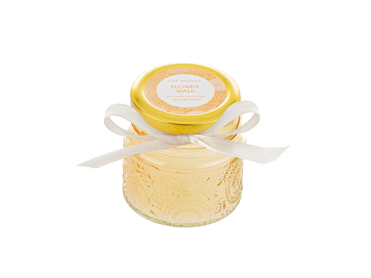 Candela profumata cannella e pepe bianco, vasetto in vetro decorato a rilievo ambra con shopper avorio, d.6,5xh.6 cm - Le Stelle