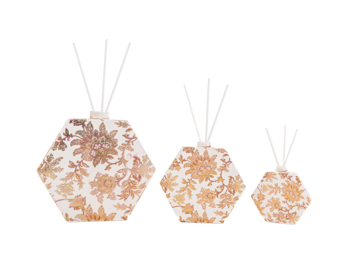 Profumatore bomboniera in porcellana multicolor di forma esagonale con dettagli fiori orientali in rosa e dorato 10x4xh.10cm - Le Stelle $