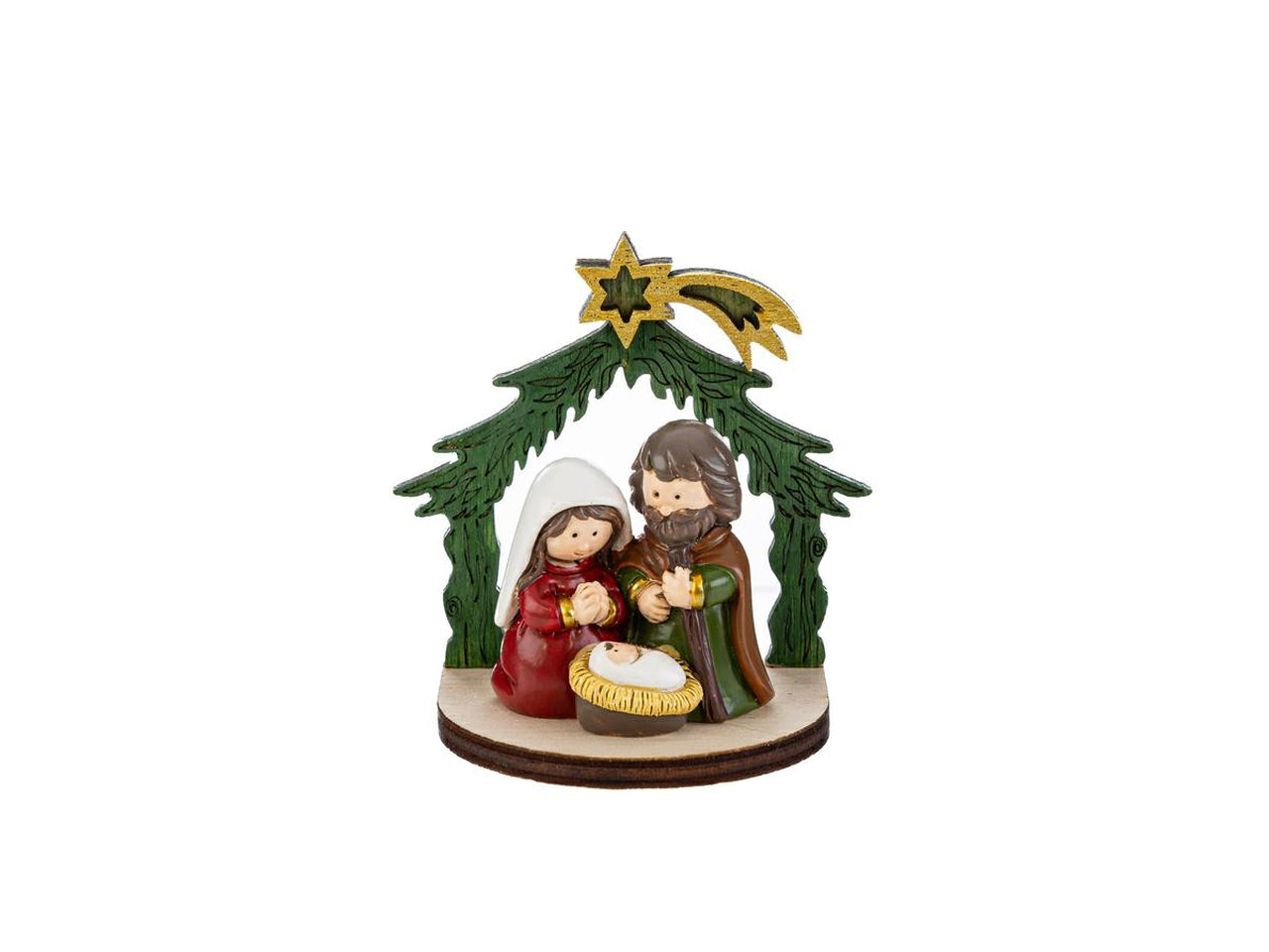 Sacra famiglia in resina colorata capanna di legno 7x4,5xh.7,5cm