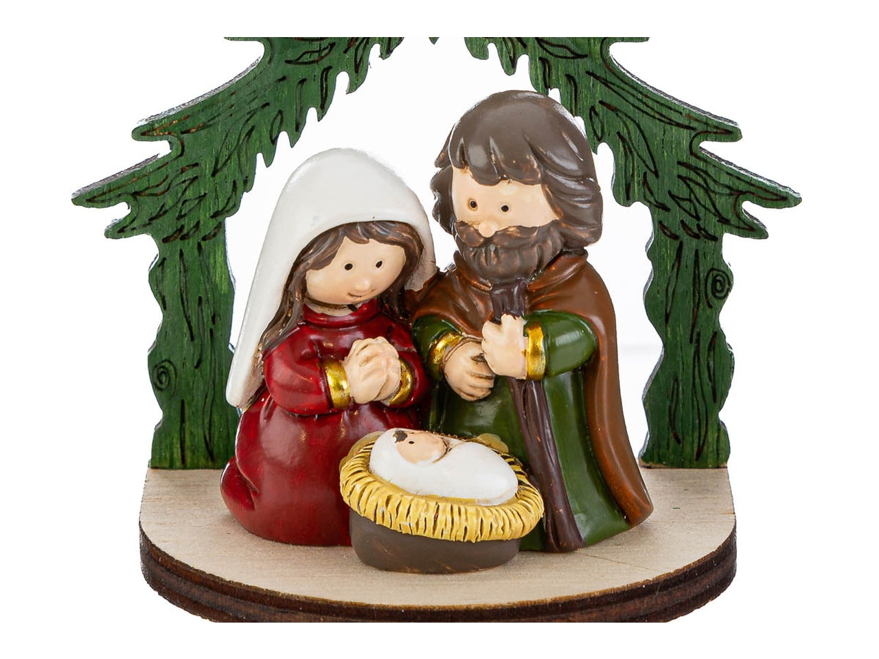 Sacra famiglia in resina colorata capanna di legno 7x4,5xh.7,5cm