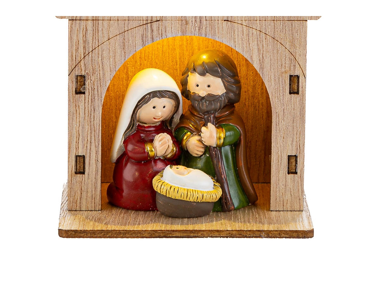 Appendino sacra famiglia in resina colorata capanna di legno 6,5x5xh.10cm