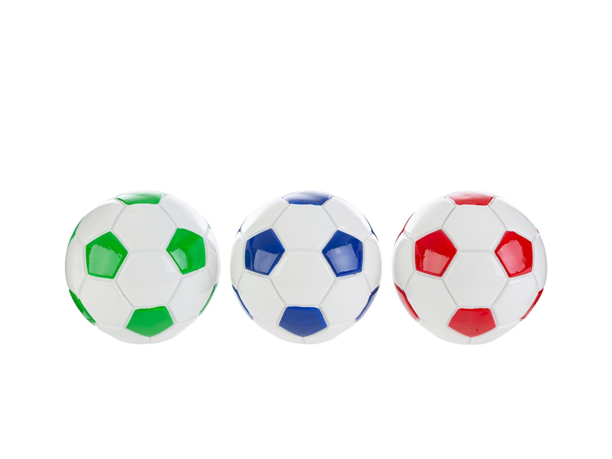 Salvadanaio pallone calcio resina 11,5x11cm 3 colori assortiti