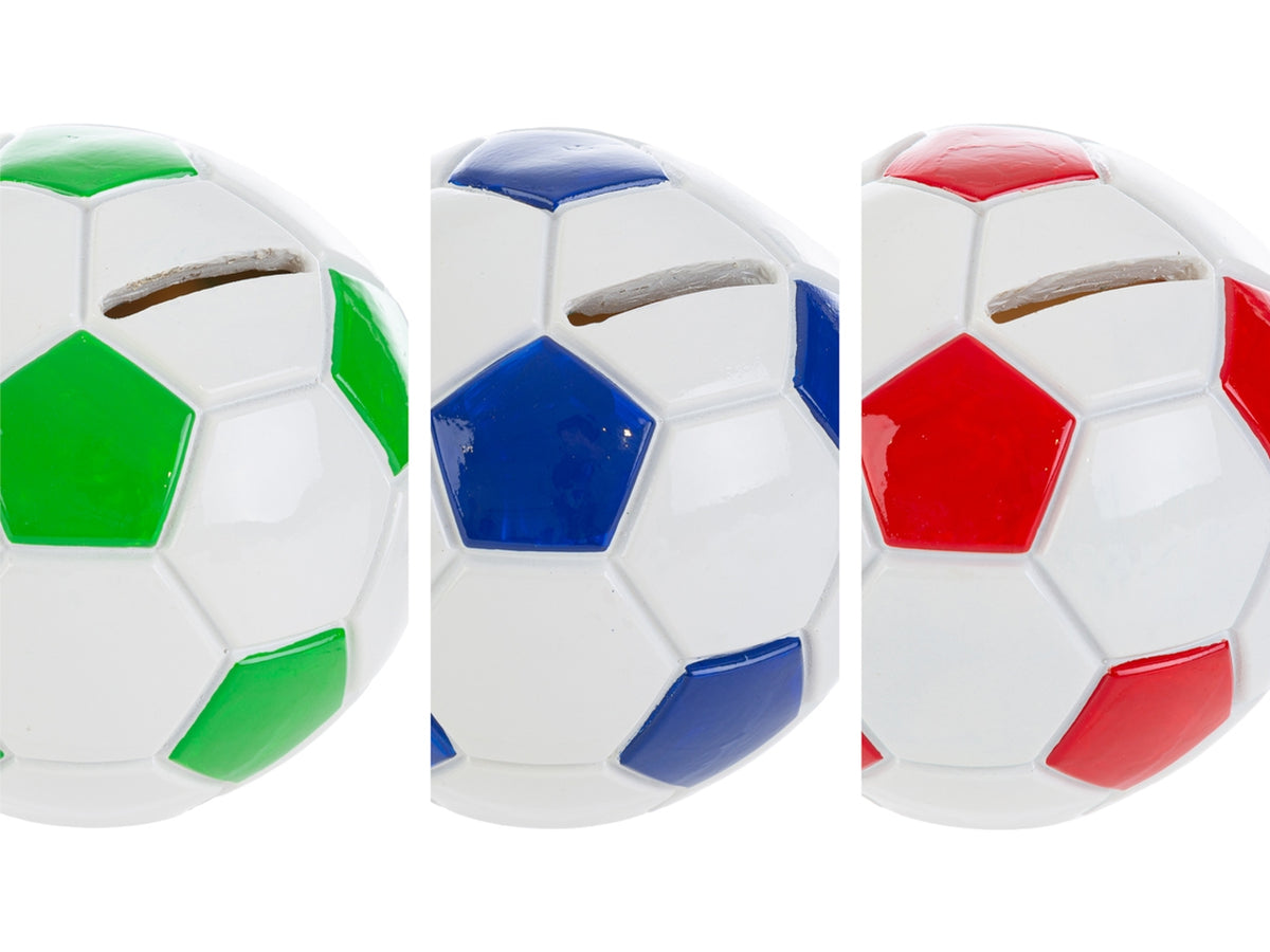 Salvadanaio pallone calcio resina 11,5x11cm 3 colori assortiti