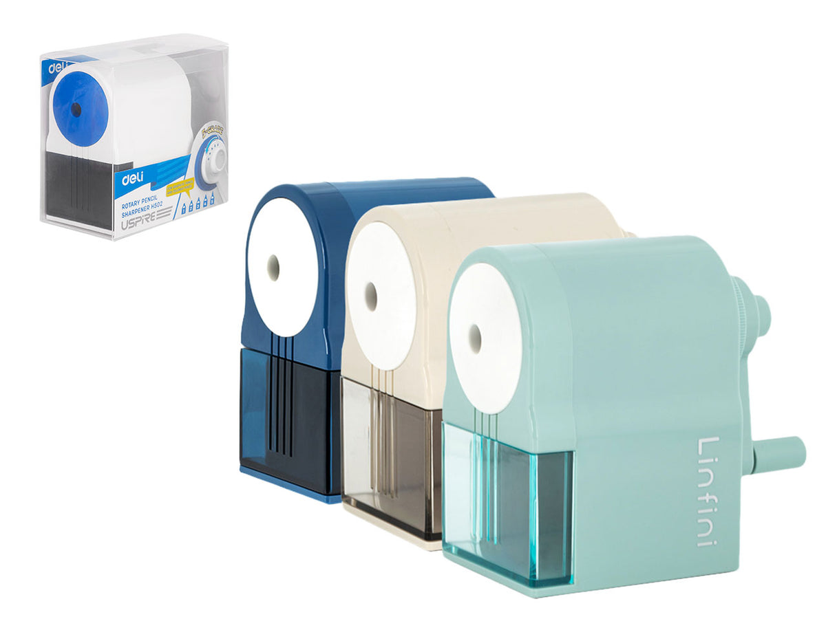 Temperamatite manuale con manovella in 3 colori assortiti in plastica, 5 gradi di affilatura - Deli