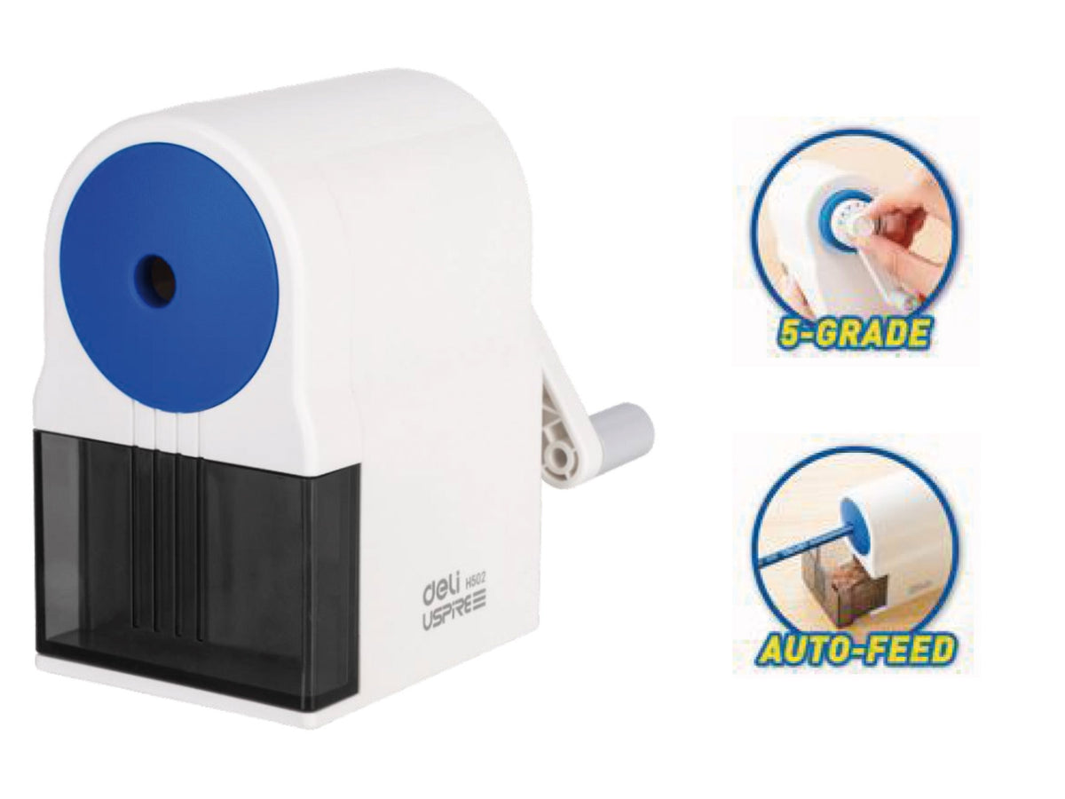 Temperamatite manuale con manovella in 3 colori assortiti in plastica, 5 gradi di affilatura - Deli