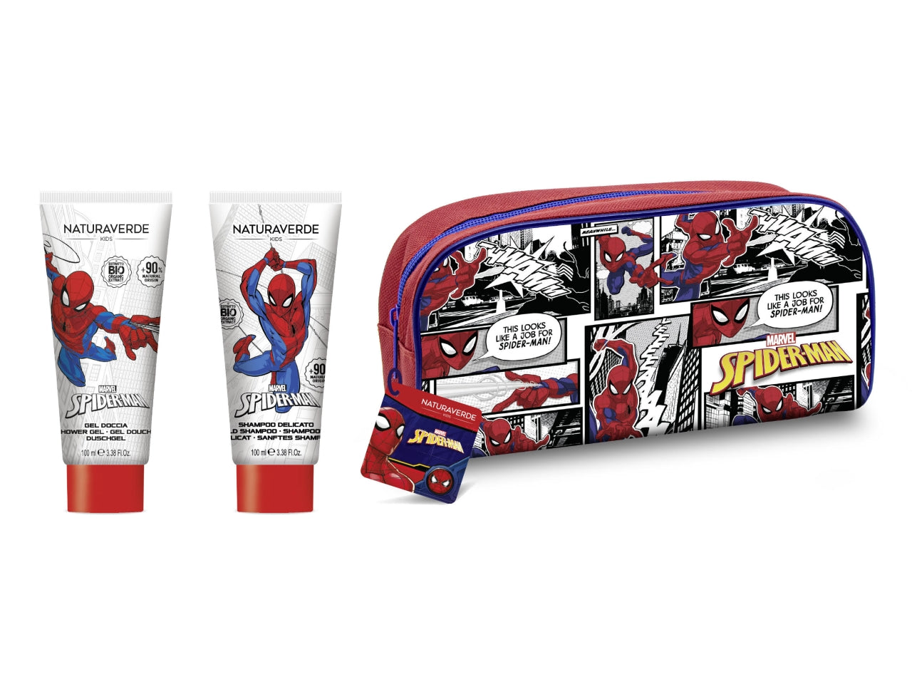Beauty case set regalo di spiderman contenente 1 gel doccia da 100ml, 1 shampoo delicato da 100ml e un beauty case misure 22,5x12,5x6cm