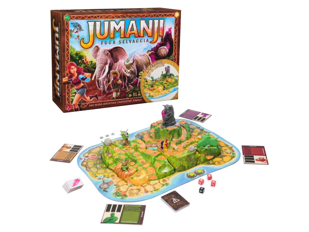 Jumanji Fuga Selvaggia: Gioco da Tavolo Cooperativo per 2-4 Giocatori, Materiale in Carta e Plastica, EtÃ  8+, Tabellone 3D Interattivo, Multicolore - Spin Master