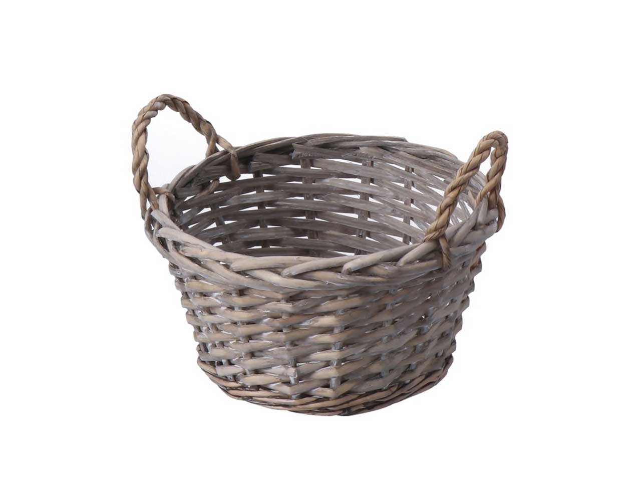 Cesto portaoggetti shabby chic in rattan, forma tonda con maniglie, 2 colori disponibili - d.17xh.10cm - Star