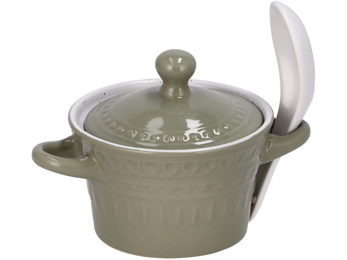 Zuppiera in ceramica + coperchio + cucchiaio 180ml 3 colori assortiti