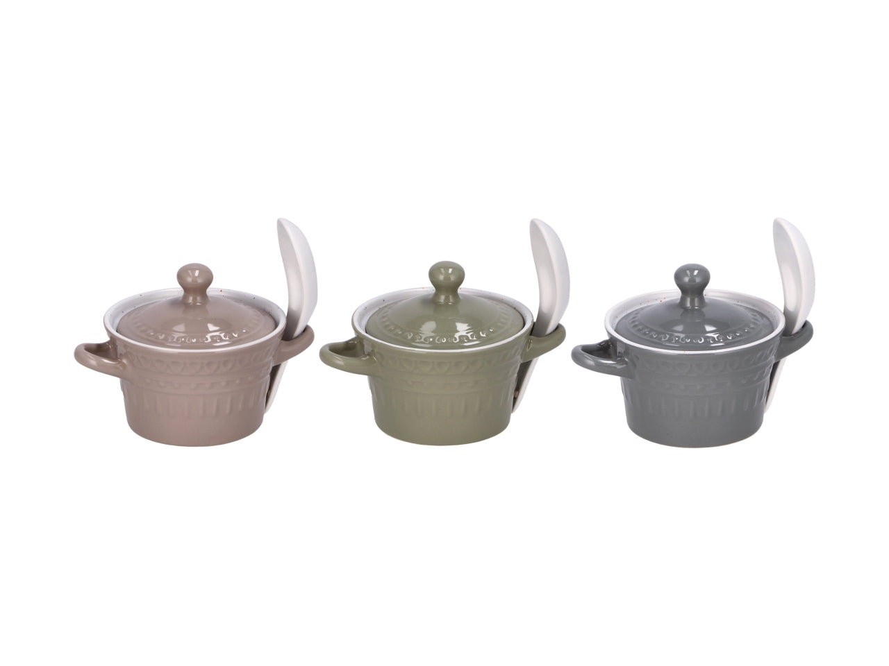 Zuppiera in ceramica + coperchio + cucchiaio 180ml 3 colori assortiti