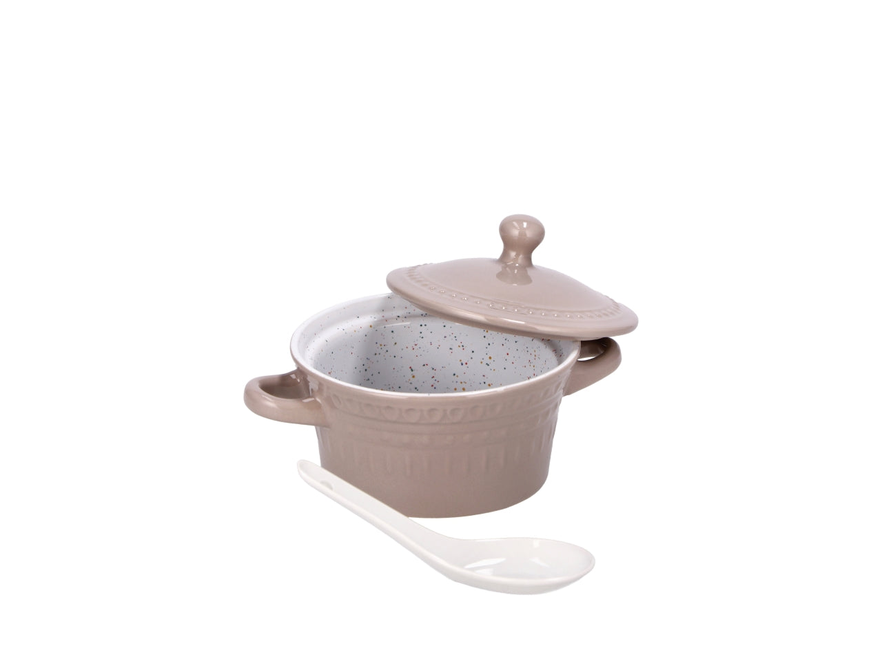 Zuppiera in ceramica + coperchio + cucchiaio 320ml 3 colori assortiti