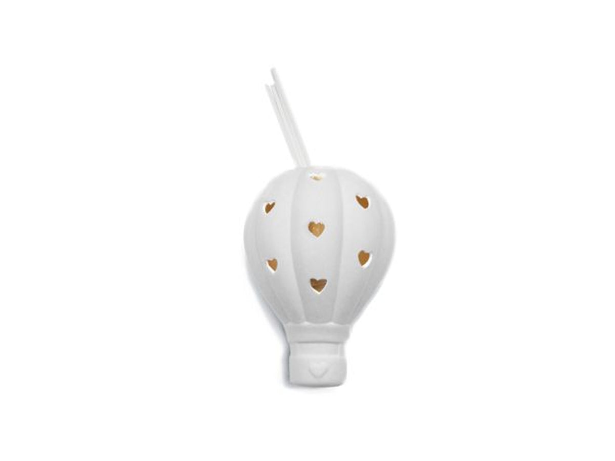 Diffusore bomboniera nascita bianca in resina a forma di mongolfiera con LED, con gancio - 6x12cm - Sud import