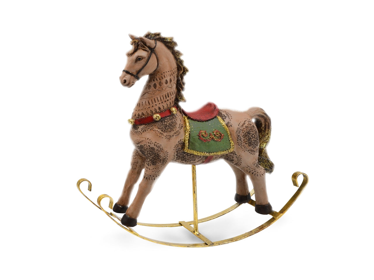 Statua cavallo a dondolo natalizio in resina e metallo vintage tortora 27x30 cm - Sud Import