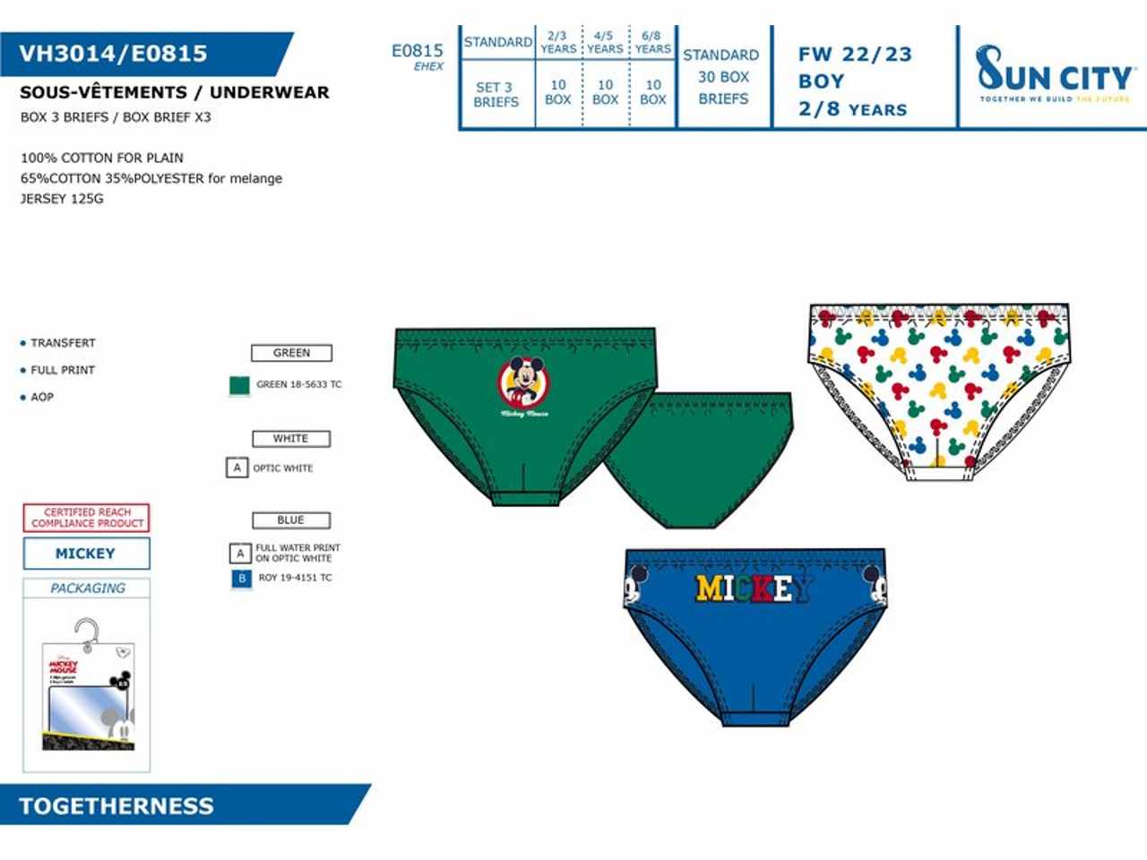 Mickey slip 3 pezzi taglia 2-8 anni 100% cotone
