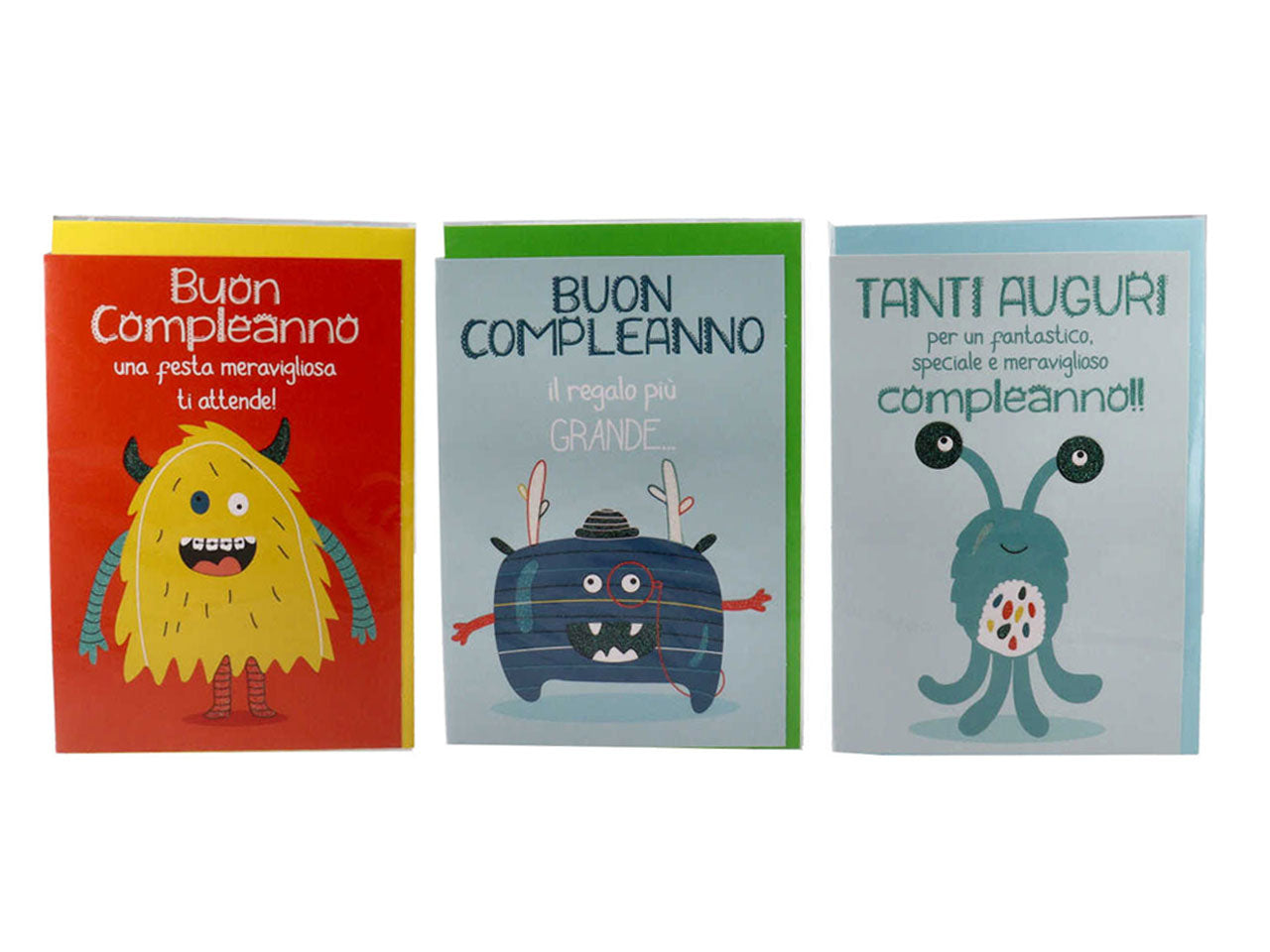 Biglietti per compleanno monster linea cartomania greetings con glitter iridescente misura 11,8x16,19cm