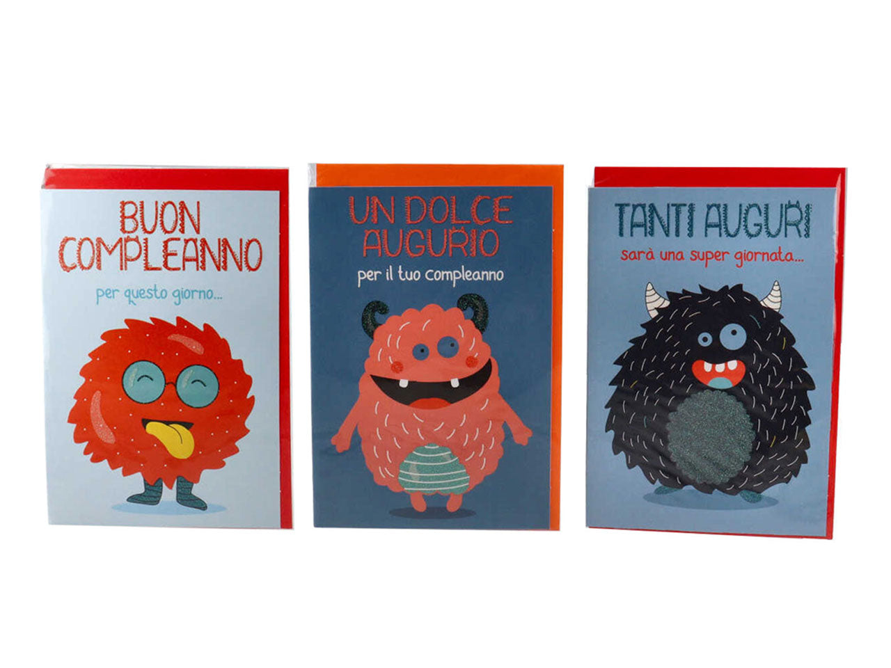 Biglietti per compleanno monster linea cartomania greetings con glitter iridescente misura 11,8x16,19cm