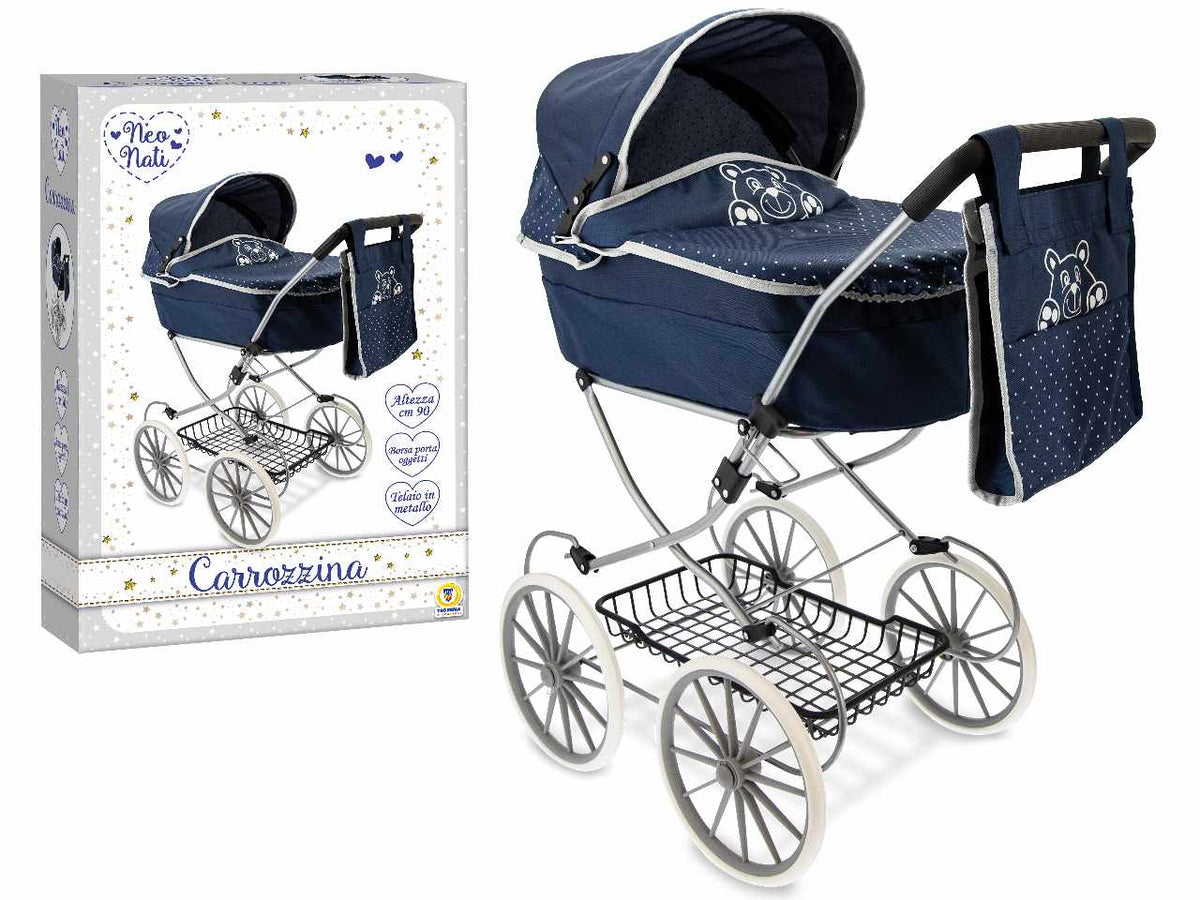 Carrozzina classica blu in metallo h.90cm con borsetta