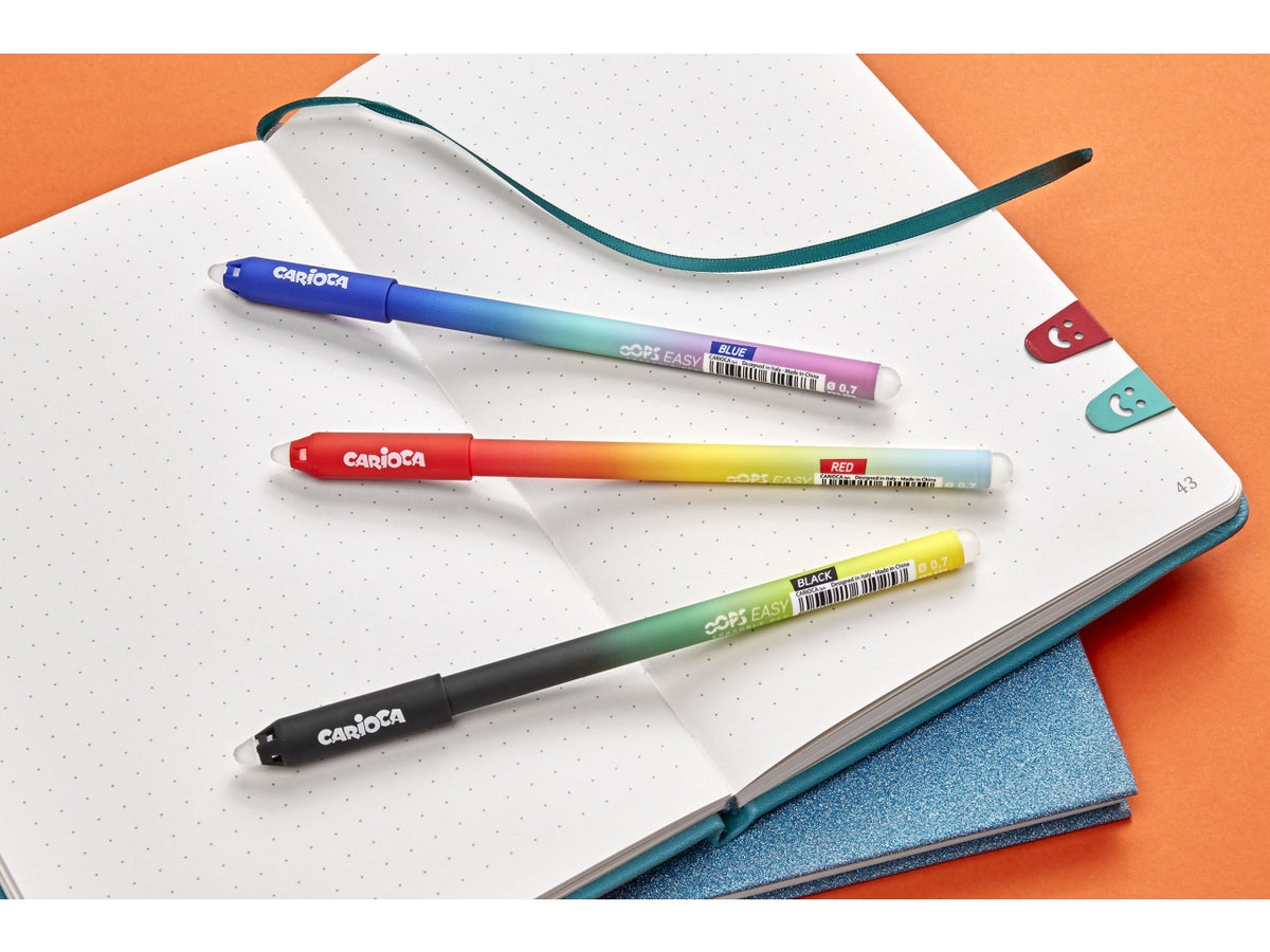 Penne cancellabili Carioca Oops Easy inchiostro gel cancellabile, blister da 2 penne blu e 1 rossa - Carioca