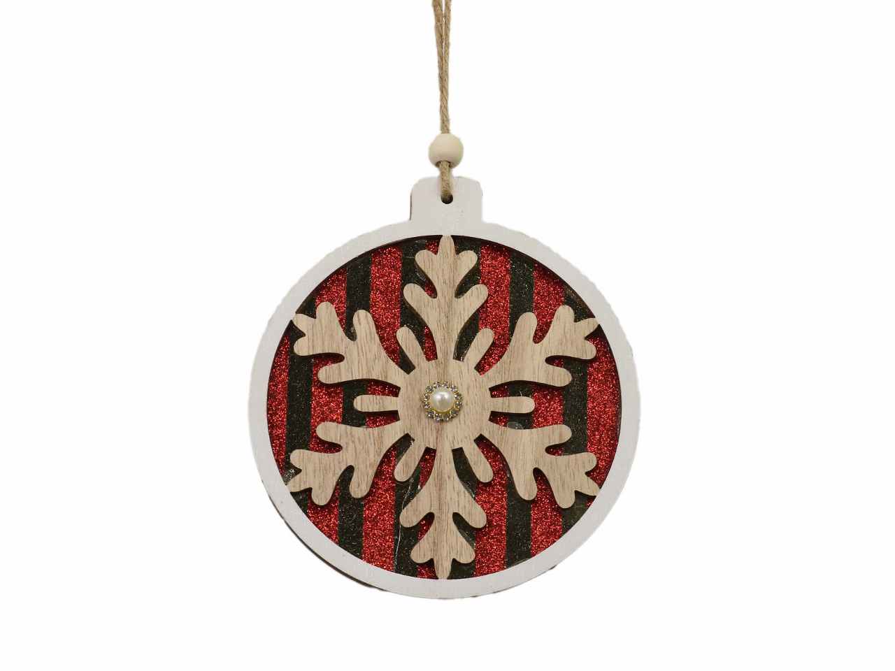 Pallina legno fiocco di neve rosso cm11x0,5x22