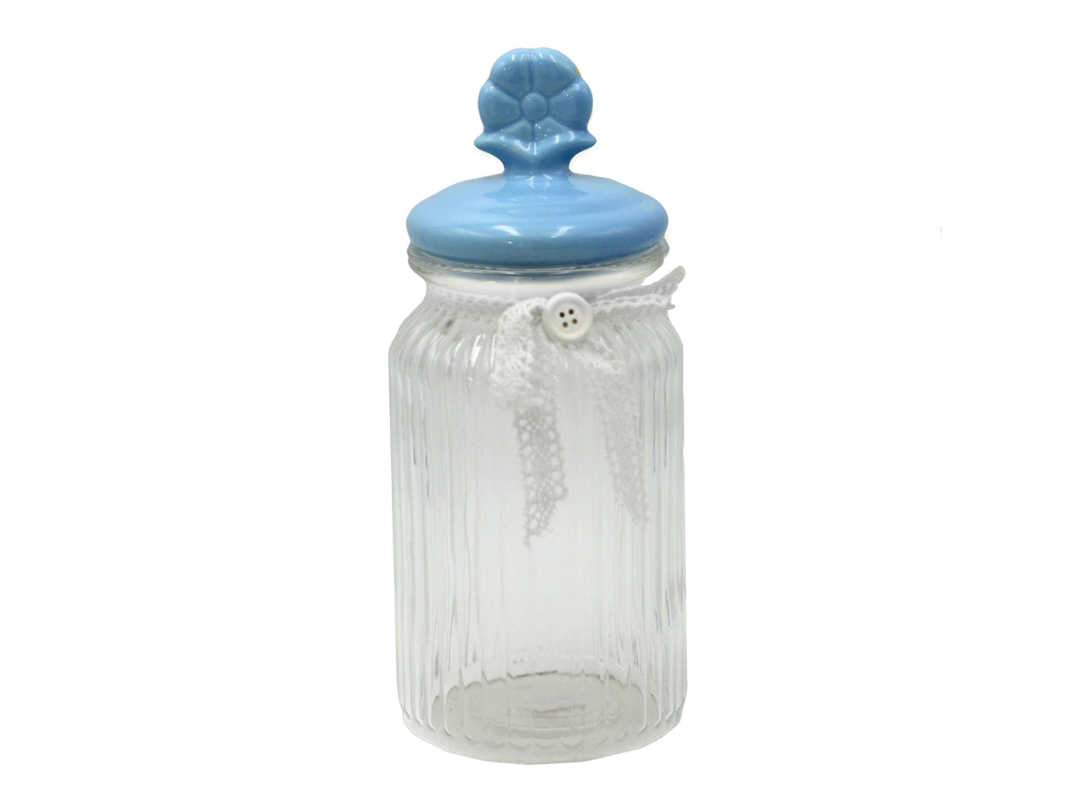 Barattolo tondo in vetro con tappo in ceramica azzurro d.11xh25cm $