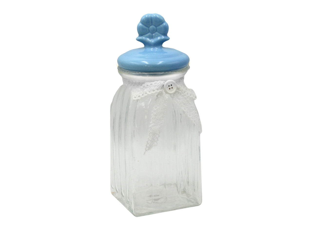 Barattolo quadrato in vetro con tappo in ceramica azzurro 9,5x9,5xh.24cm