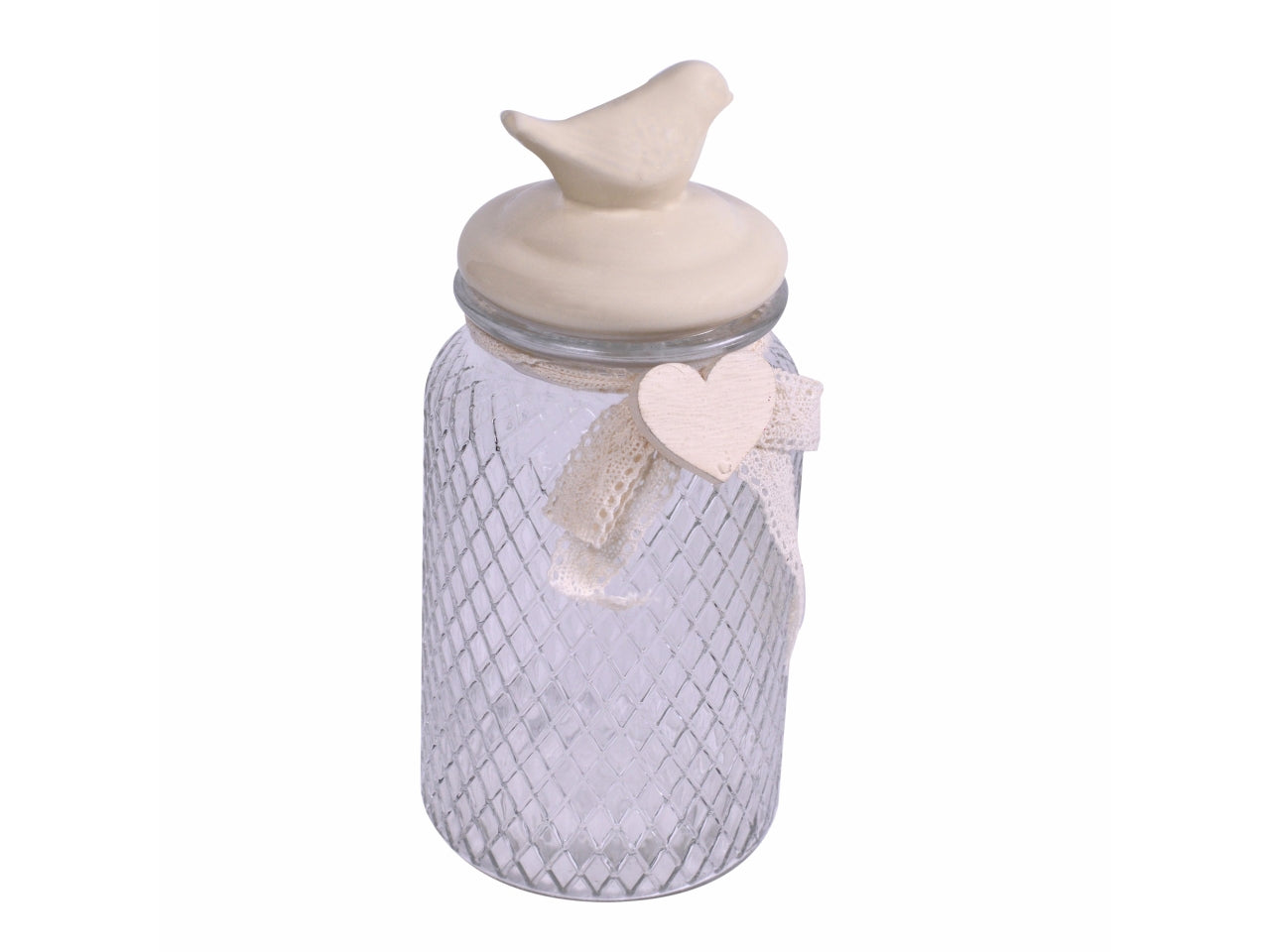Barattolo tondo in vetro con tappo in ceramica a forma di uccello crema d.11xh.25cm