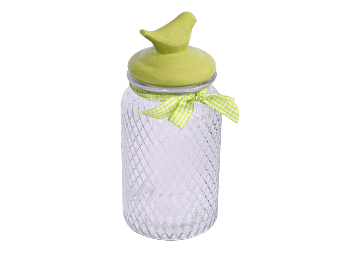 Barattolo tondo in vetro con tappo in ceramica a forma di uccello verde d.11xh.25cm