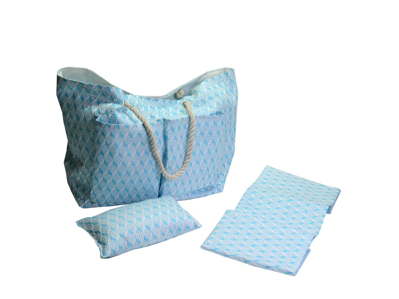 Borsa da spiaggia da donna in tessuto intrecciato, paglia e cotone, turchese con cuscino e materassino inclusi, mini tasca laterale interna con cerniera, chiusura con clip  - 62x22xh.40cm - Vacchetti
