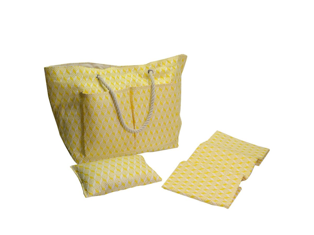 Borsa da spiaggia da donna in tessuto intrecciato , paglia e cotone, gialla con cuscino e materassino inclusi, mini tasca laterale interna con cerniera, chiusura con clip  - 62x22xh.40cm - Vacchetti