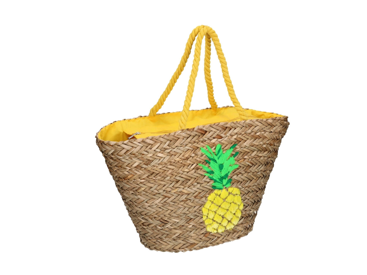 Borsa da spiaggia donna in paglia e tessuto, naturale e multicolor con fantasia frutta e dettaglio ricamato ananas, mini tasca laterale interna con cerniera - 58x18xh.30cm - Vacchetti