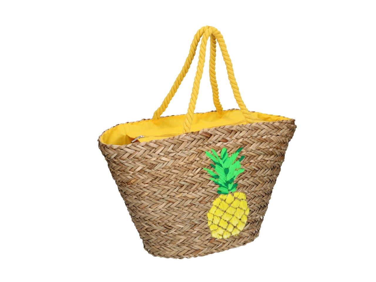 Borsa da spiaggia donna in paglia e tessuto, naturale e multicolor con fantasia frutta e dettaglio ricamato ananas, mini tasca laterale interna con cerniera - 58x18xh.30cm - Vacchetti