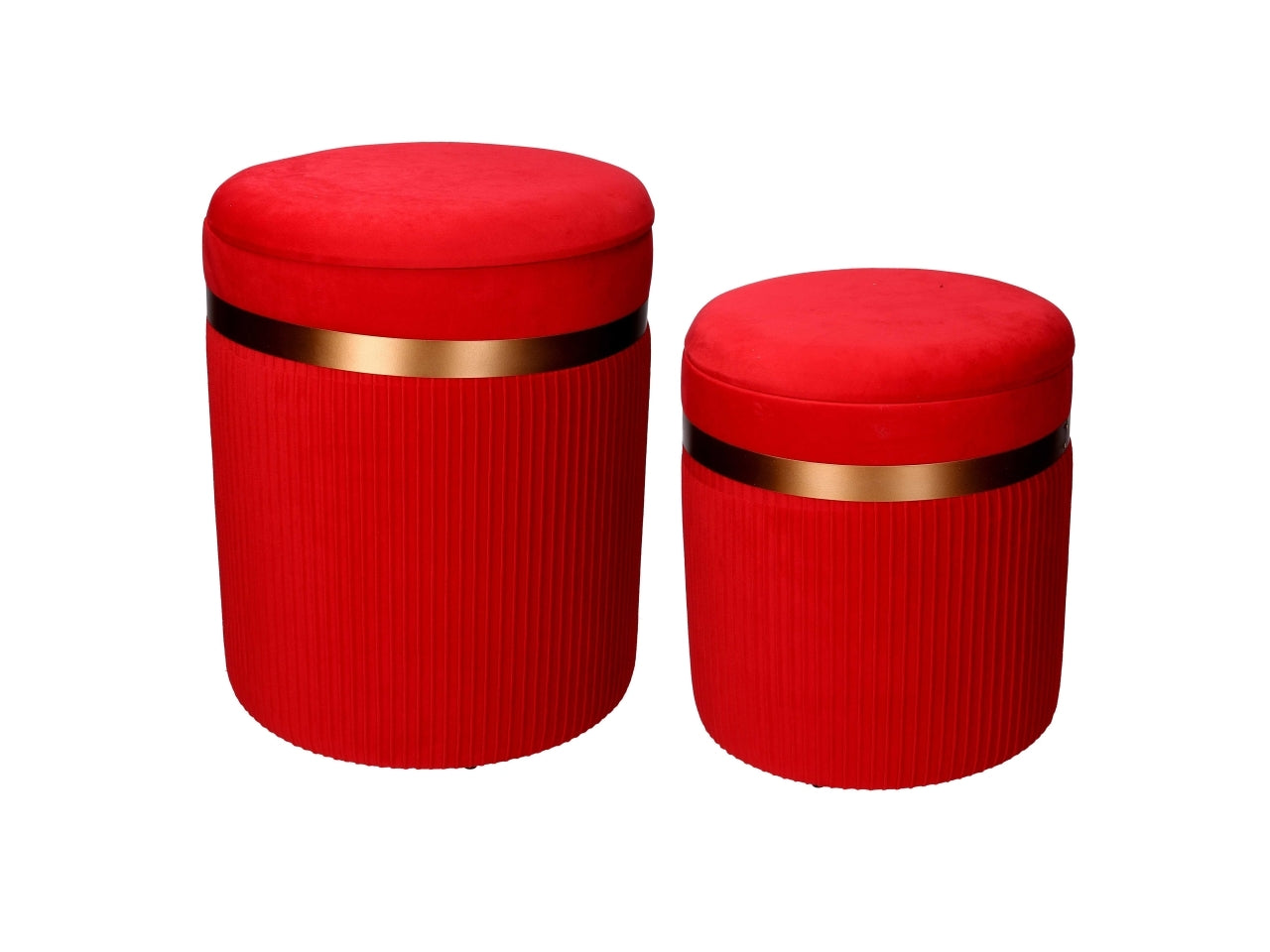 Pouf contenitore in velluto rosso con fascia bronzo 39 cm e 49 cm ,set da 2 pezzi - Vacchetti