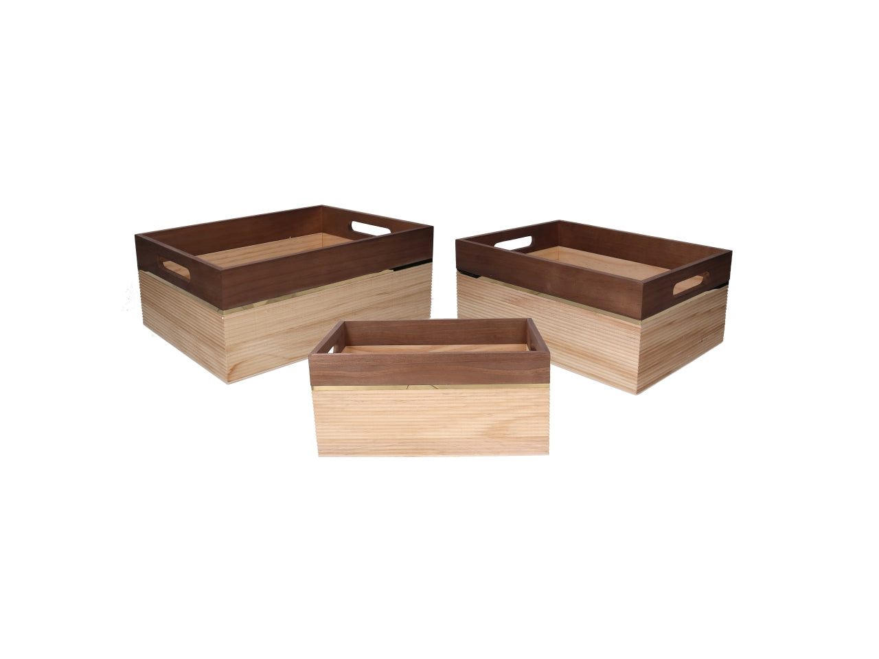 Set 3 cassette in legno naturale e noce 31x21x14,3cm-34,6x24,5x14,8cm-38x28x15,3cm