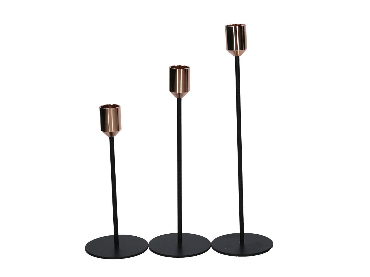 Portacandele contemporaneo in metallo nero e oro rosa, set 3 pezzi 20 cm, 25 cm, 30 cm - Vacchetti