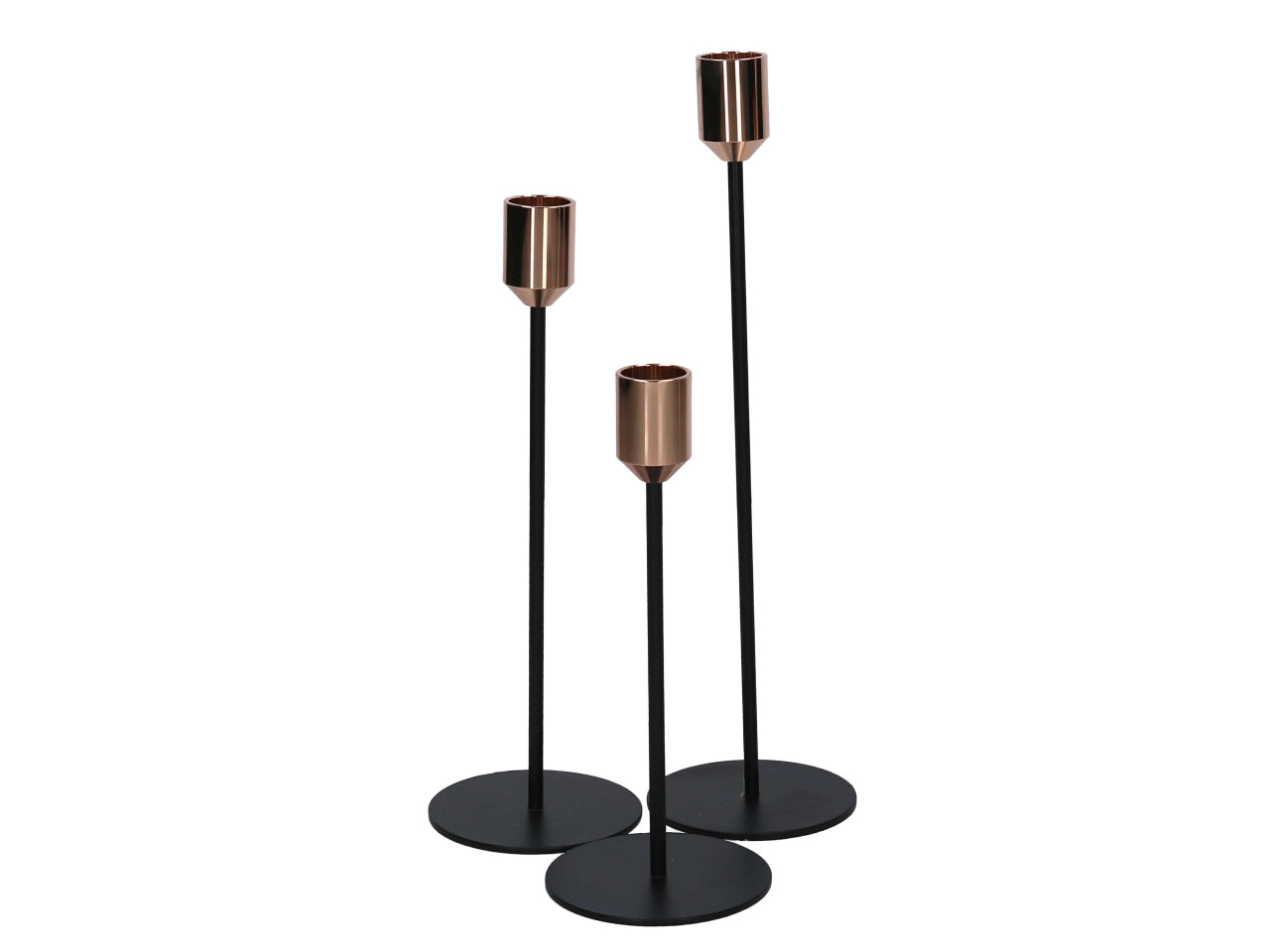 Portacandele contemporaneo in metallo nero e oro rosa, set 3 pezzi 20 cm, 25 cm, 30 cm - Vacchetti