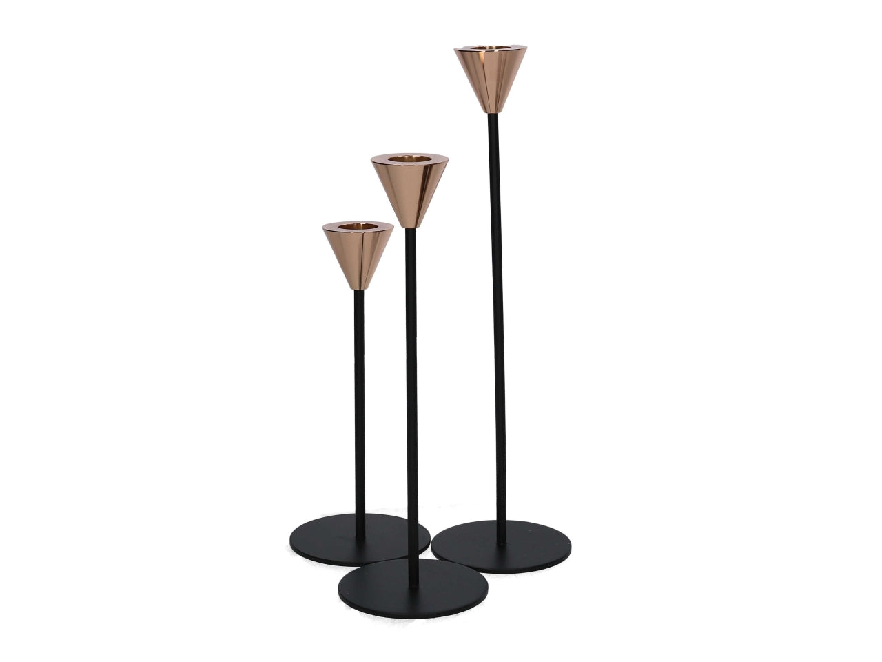 Portacandele contemporaneo in metallo nero e oro rosa, set 3 pezzi 18 cm, 23 cm, 28 cm - Vacchetti