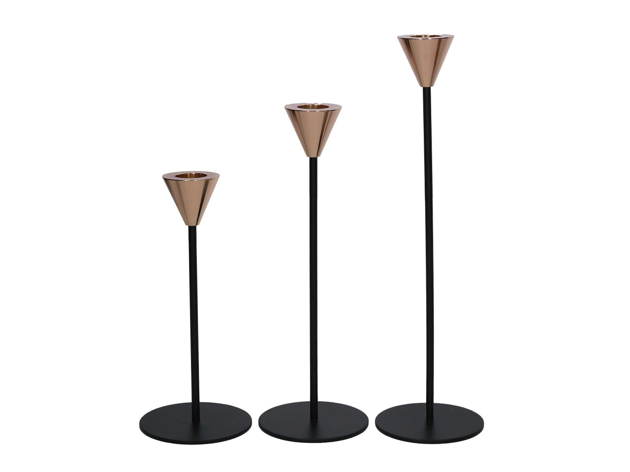 Portacandele contemporaneo in metallo nero e oro rosa, set 3 pezzi 18 cm, 23 cm, 28 cm - Vacchetti