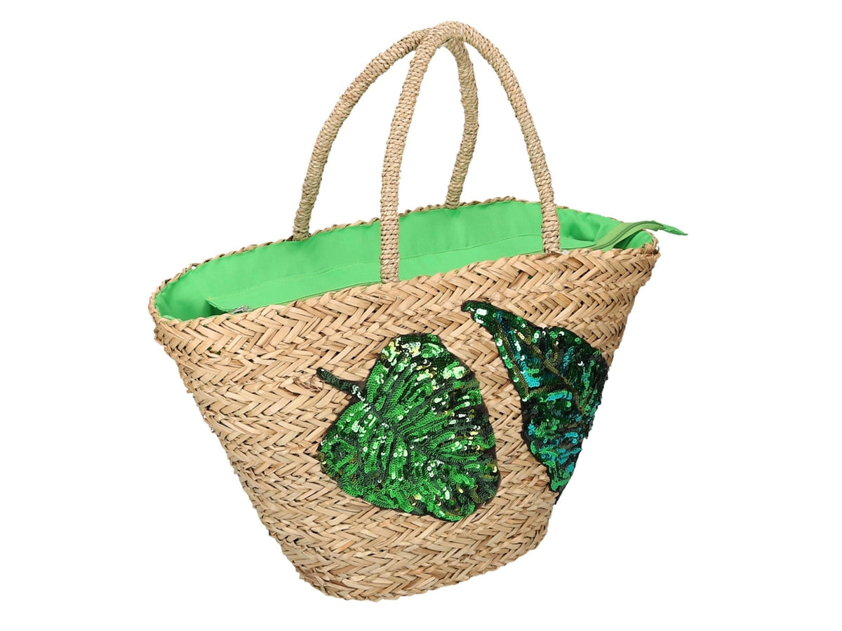 Borsa paglia con paillettes foglie 60x16xh.30cm