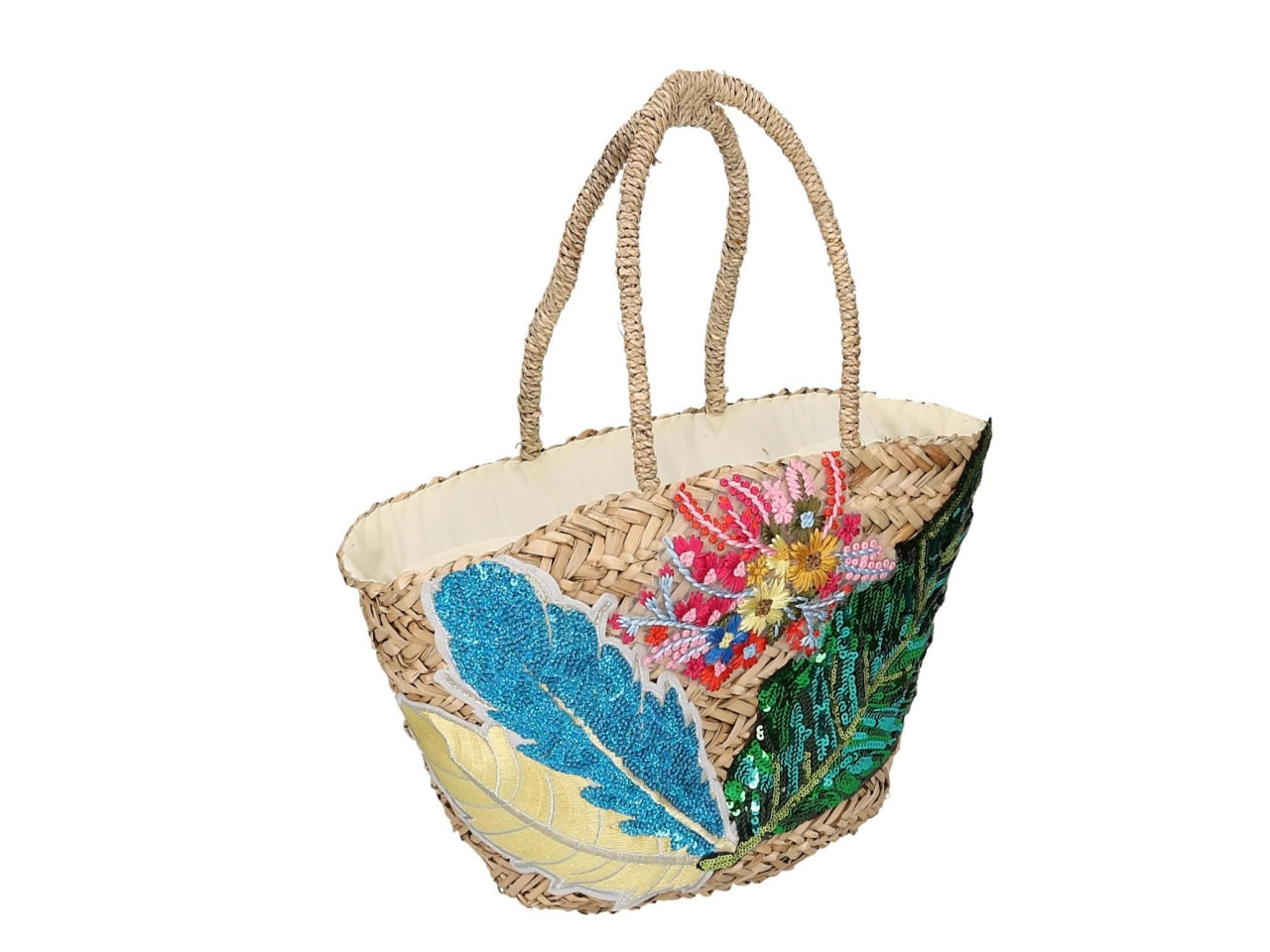 Borsa paglia con fiori e foglie 47x18xh.23cm