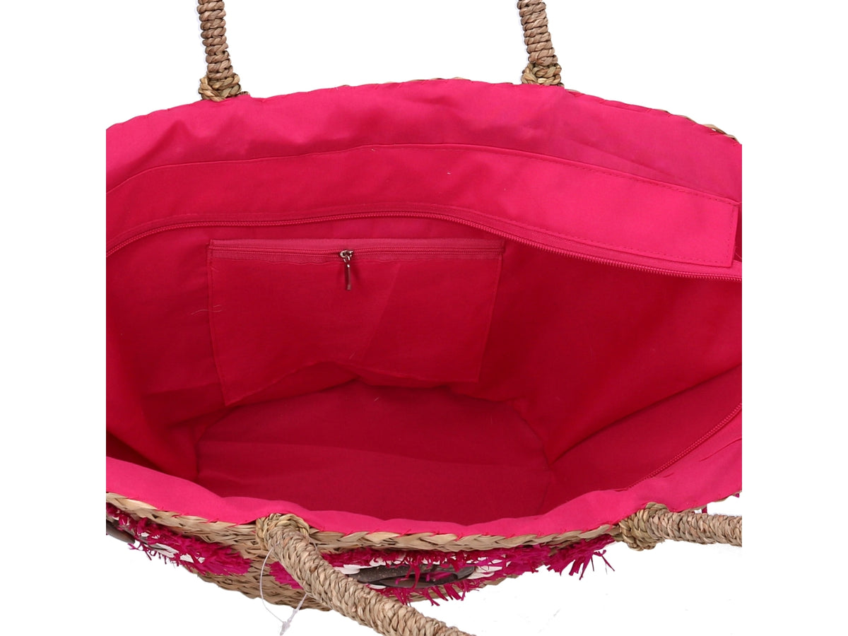 Borsa paglia naturale con fiori fucsia 60x16xh.26/30cm $