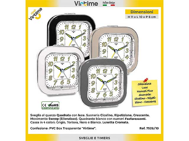 Sveglia quarzo quadrata con lune e numeri luminosi, 4 assortite
